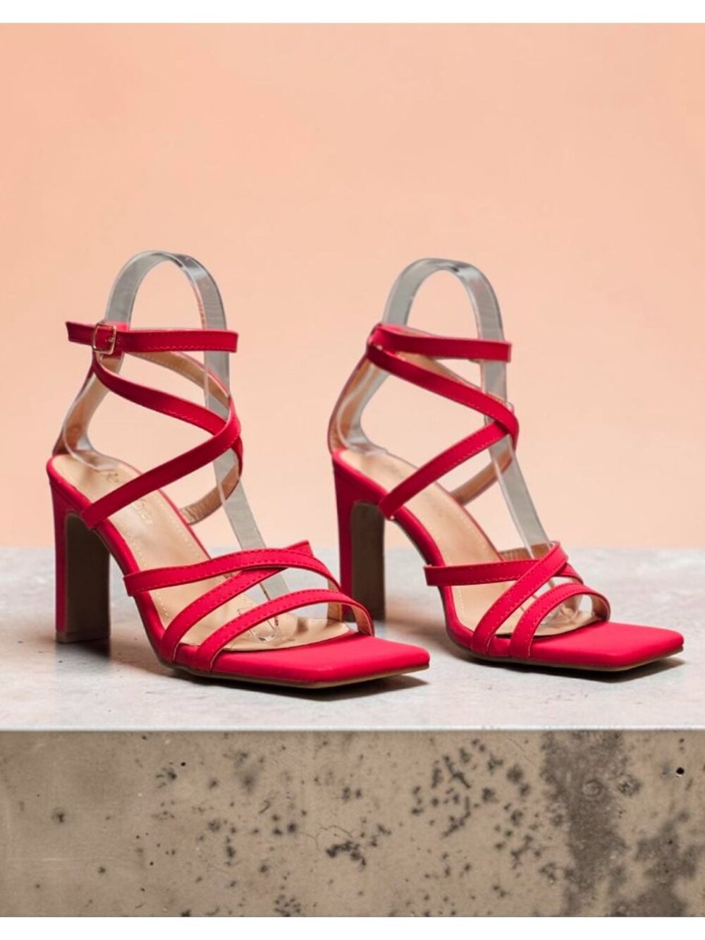 Red Strappy High-Heel Sandals With Square Toe & Adjustable Ankle Strap - Bella M